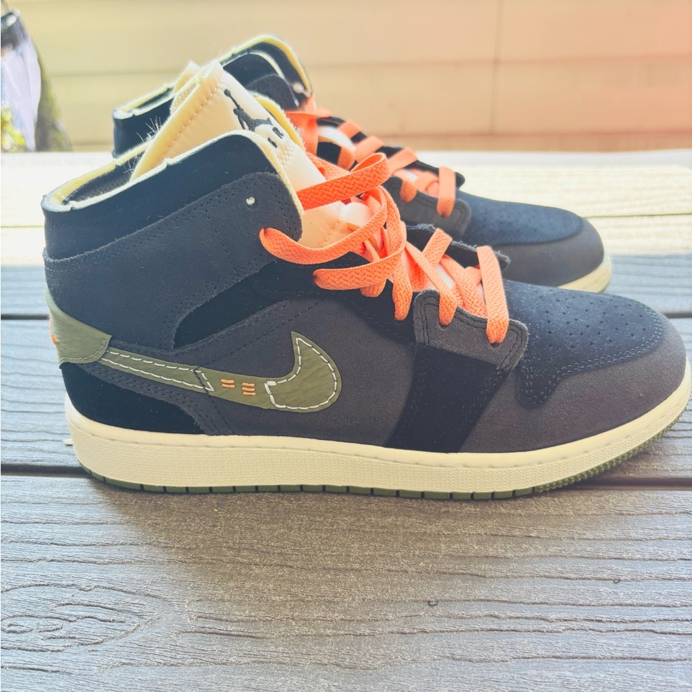 Brand New Air Jordan Mid Black and Orange High-Top Sneakers